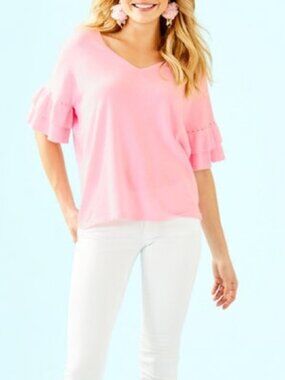 Lilly Pulitzer Kresta Coolmax Sweater Pink Lightweight Ruffle Size XL